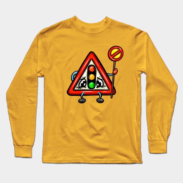 Traffic Lights Driving Test Warning Traffic Road Sign Cartoon Character Long Sleeve T-Shirt by Squeeb Creative